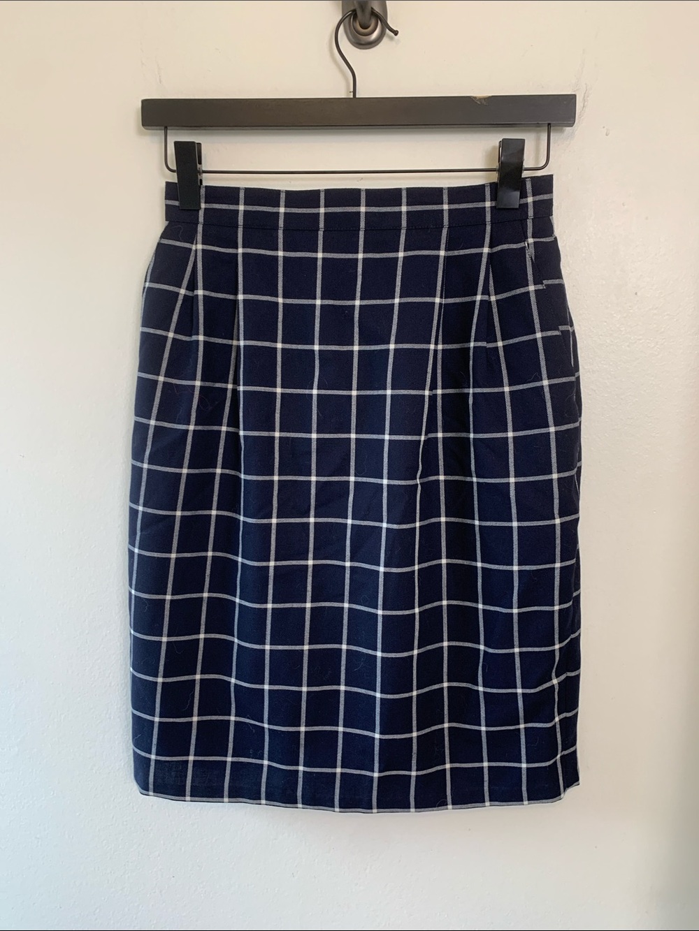 Petite Navy w White Windowpane Skirt, Wool, Lined, Pockets, A-Line